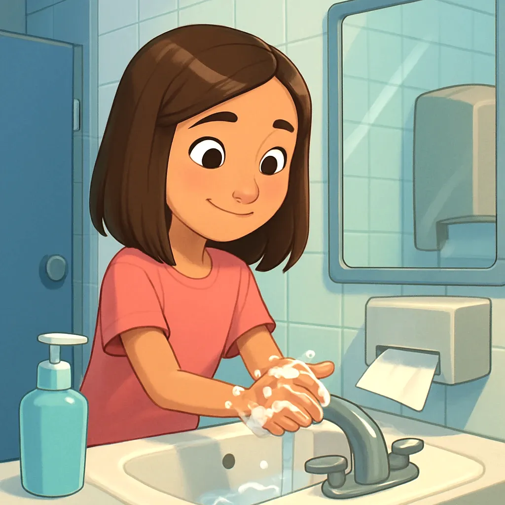 After using the bathroom, I will always wash my hands with soap and water. This keeps me healthy and helps prevent germs from spreading.