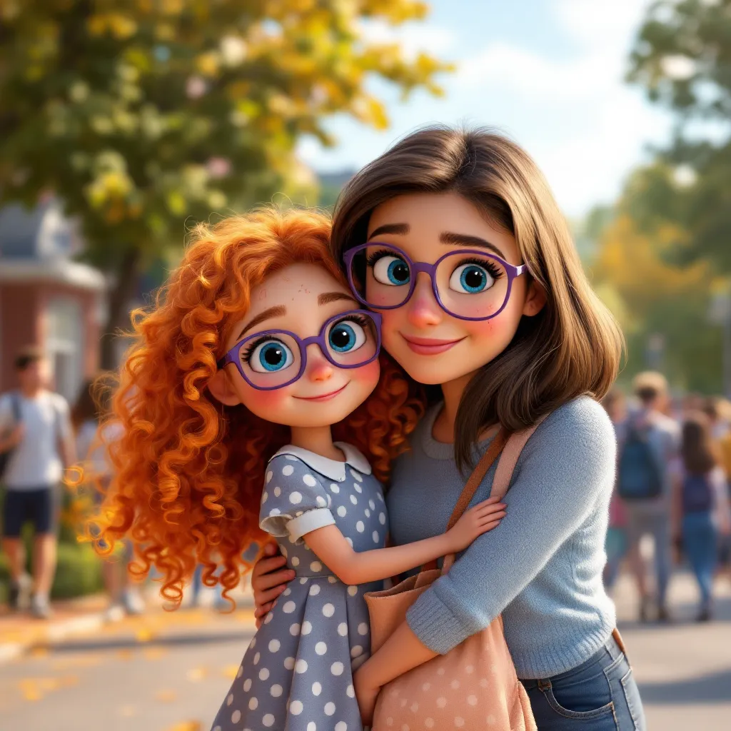 In the morning, Mom drops us off at school. It's a busy time, but we say goodbye with a hug.