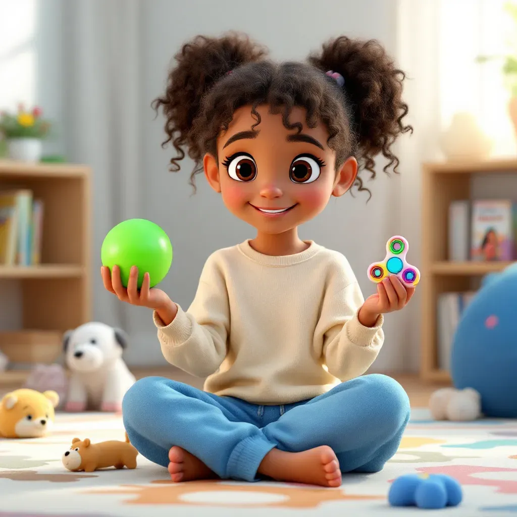 Small toys called fidgets can help keep my hands busy when I feel frustrated. I can squeeze a stress ball, spin a fidget spinner, or touch something soft. These tools help me stay calm.