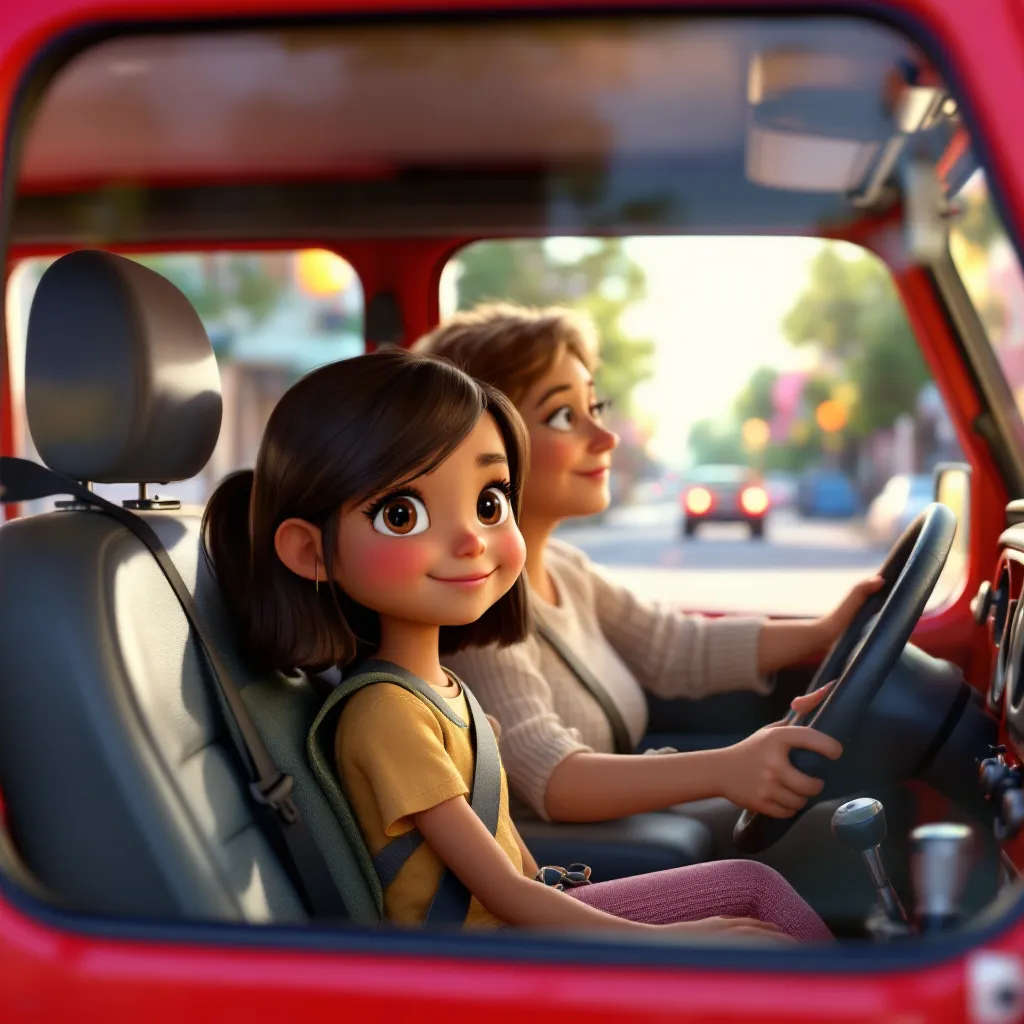 Grandma drives me to school in her red Jeep. We talk and listen to music during our drive. She makes sure I arrive safely.