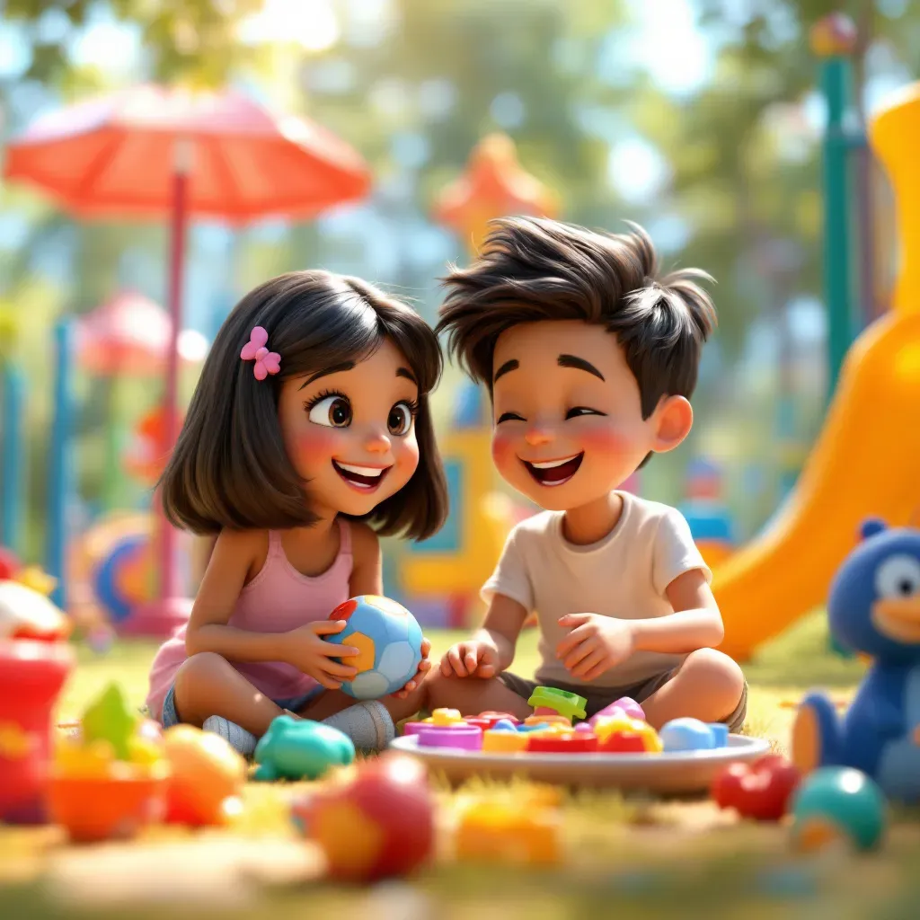 Sharing toys makes friends happy. We can take turns and play together.