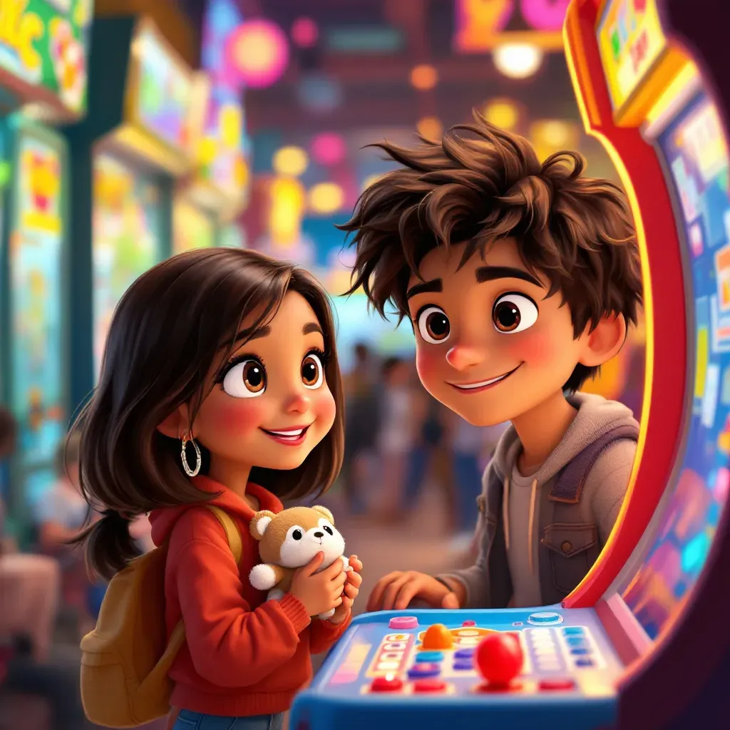 After dinner, we play games in the arcade. Mazlo helps me win some cool prizes, and we have so much fun together.