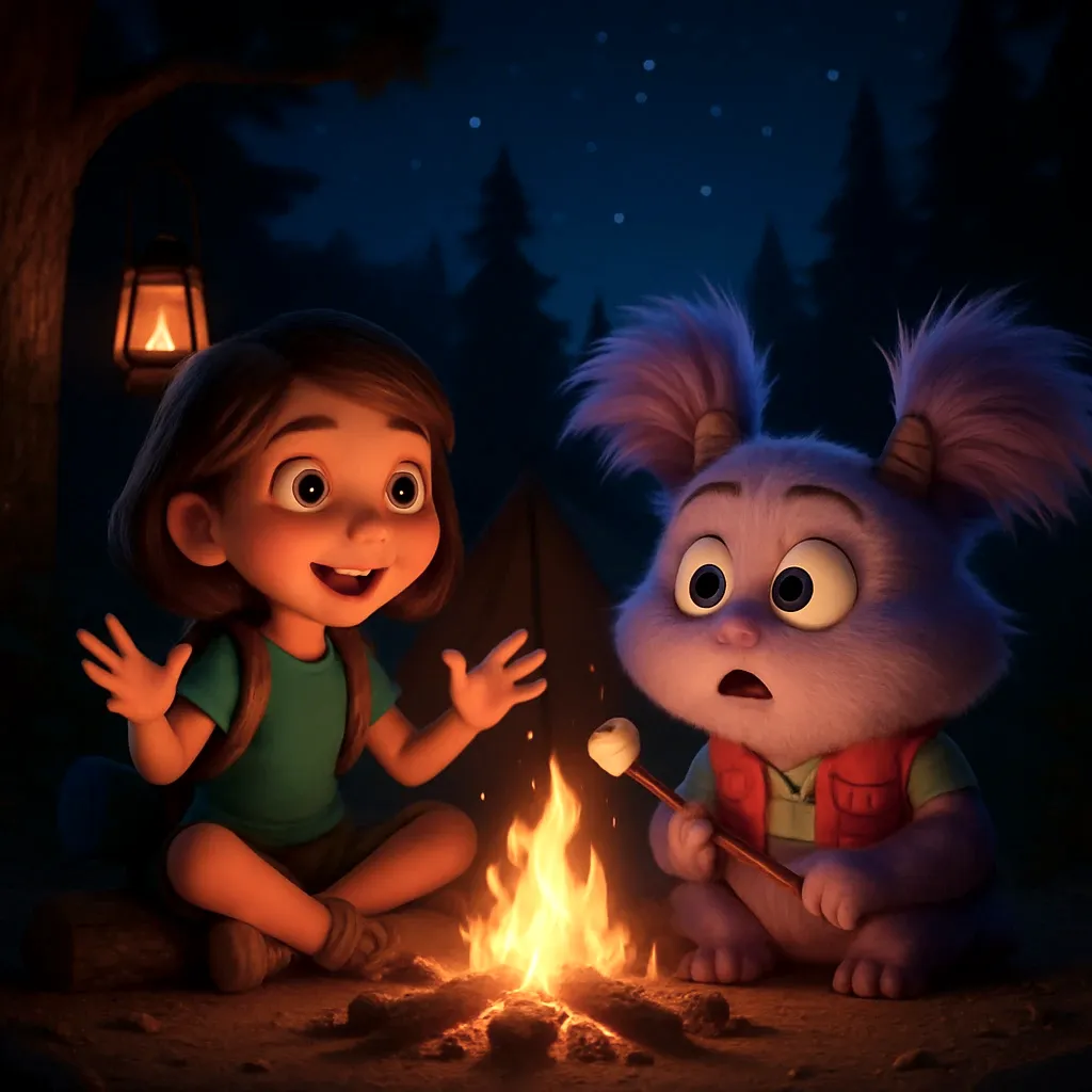 When it gets dark, Noella and Abby sit by the fire telling stories. Some stories make them laugh and some stories give them goosebumps. Sharing stories is a special camping tradition.