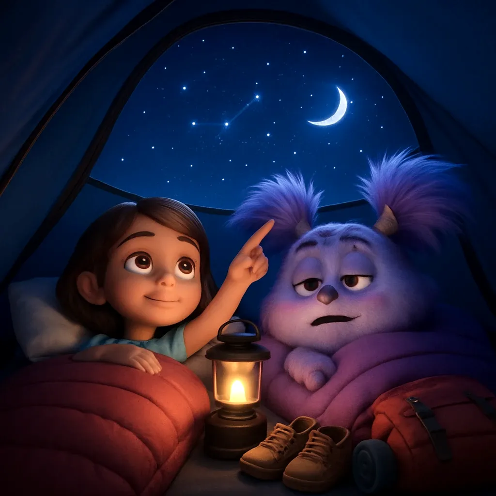 After a full day of camping fun, Noella and Abby get ready for bed. They snuggle into their sleeping bags inside the tent and look at the stars through the mesh window. The sounds of nature help them fall asleep.