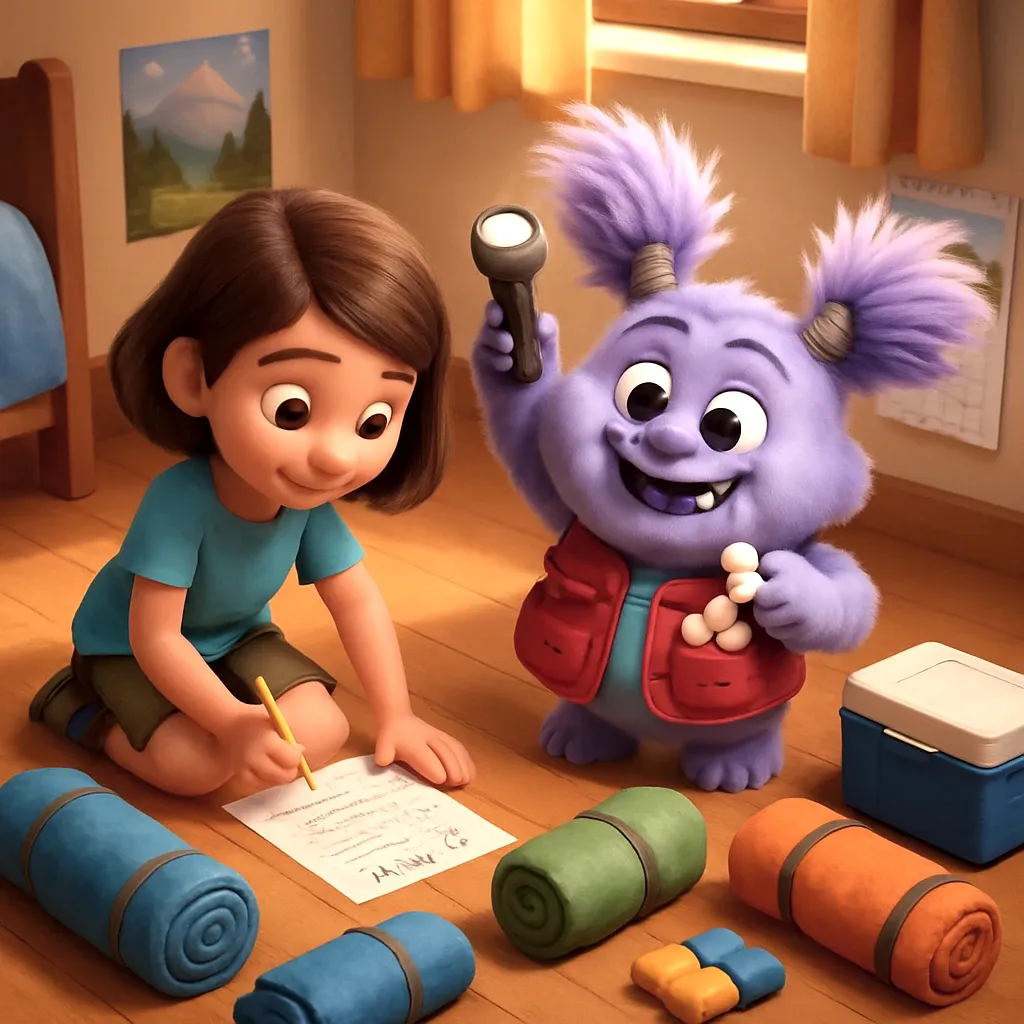 Noella and Abby gather supplies they need for camping. They pack a tent, sleeping bags, food, water, and warm clothes. Checking their list helps make sure they have everything for their outdoor adventure.