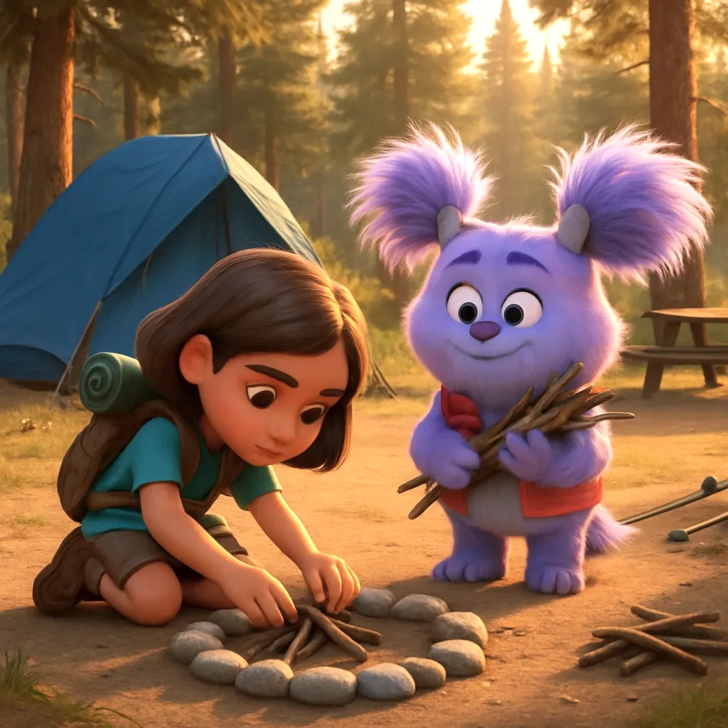 Noella and Abby work together to set up their tent. They gather sticks and rocks to build a safe campfire circle. Abby lights the fire so they can cook dinner and stay warm.