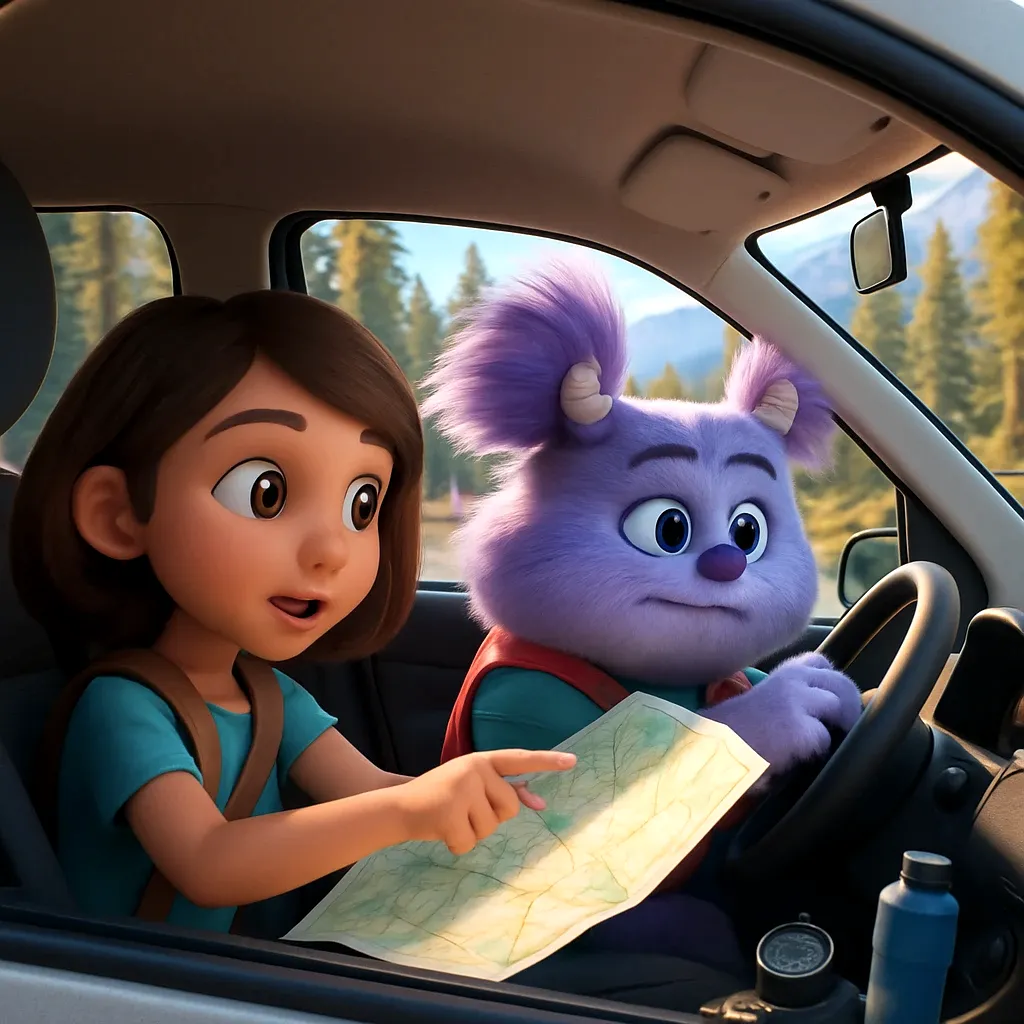 Abby drives the car while Noella looks at the map. Noella points which way to go at each turn. Together they find their way to the perfect camping spot.