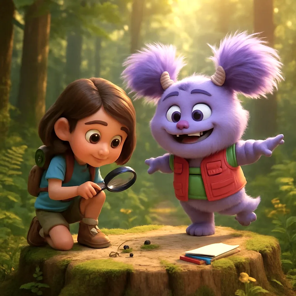 Noella and Abby hike through the woods and discover a large tree stump. They climb on top of the stump and look at bugs and moss growing there. The stump makes a natural platform for viewing the forest around them.