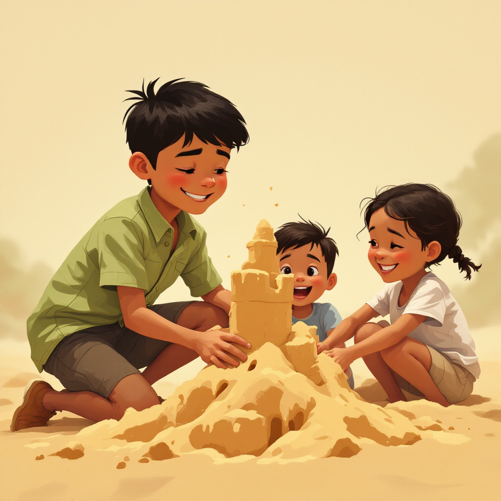 The children say yes! Alan is happy and joins them in building a big sandcastle together. They laugh and have fun.